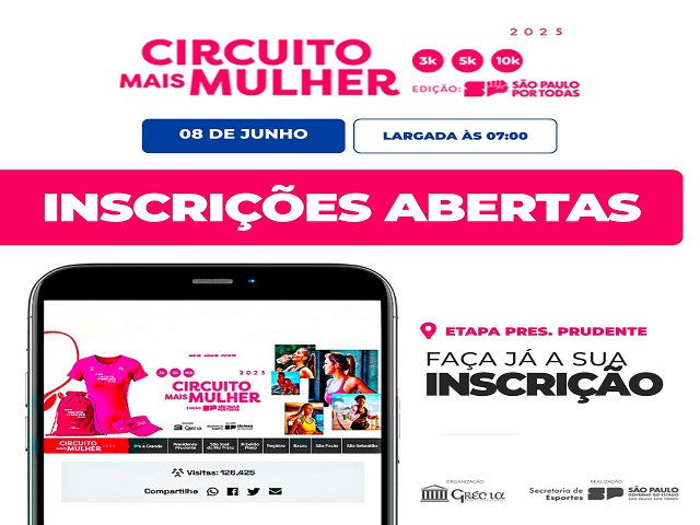 Prudente recebe Circuito Mais Mulher no dia 8 de junho; inscrições para 3 km, 5 km e 10 km