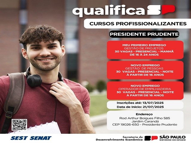Prudente tem 90 vagas abertas para cursos do Qualifica SP, oferecidos via Sest/Senat