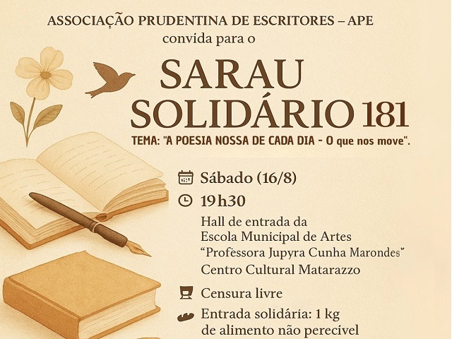 Sarau Solidário será neste sábado na Escola de Artes Jupyra, no Matarazzo