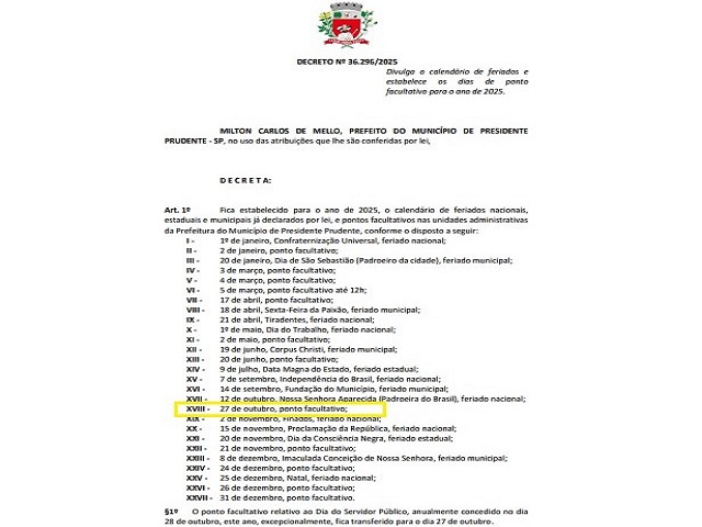 Prefeitura de Prudente transfere ponto facultativo do Dia do Servidor para segunda (27)