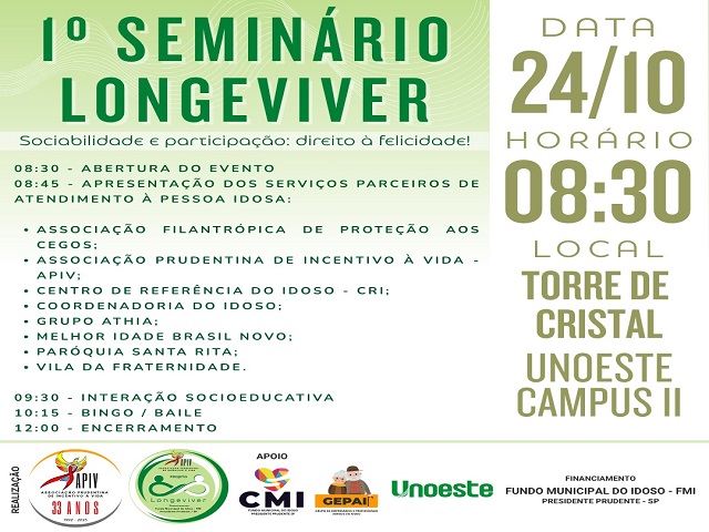 Seminário e palestra marcam programação voltada aos idosos nos dias 24 e 31 de outubro