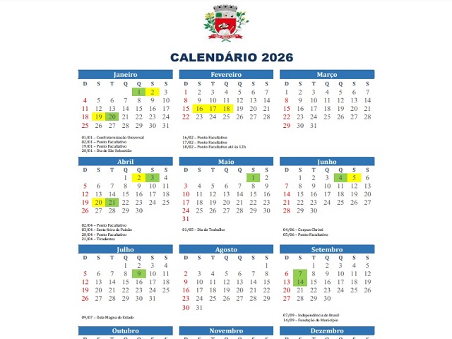 Prefeitura de Prudente publica calendário de feriados e pontos facultativos de 2026