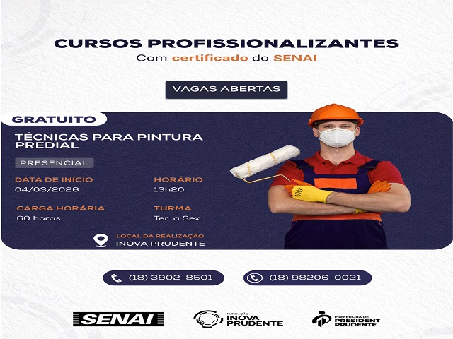 Inova e Senai abrem inscrições para cursos de Pintura Predial e Instalação Hidráulica