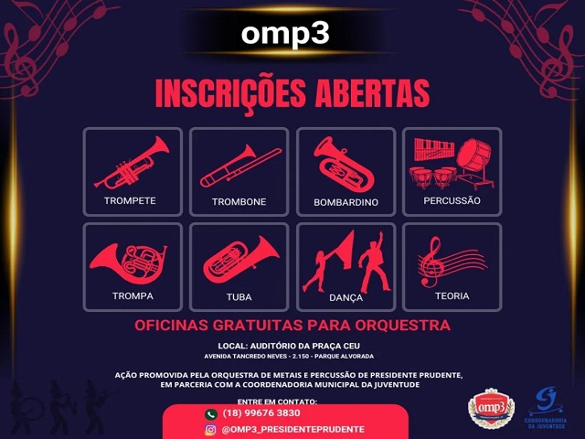Coordenadoria da Juventude divulga vagas para Orquestra de Metais e Percussão - OMP3