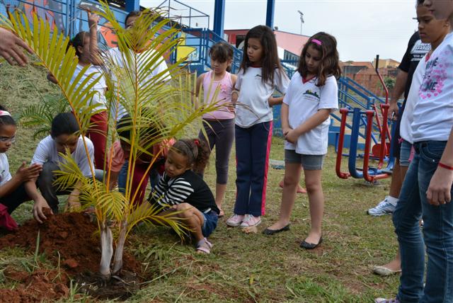 Alunos da Antonio Moreira Lima plantam 40 mudas na Praça da Juventude do Ana Jacinta