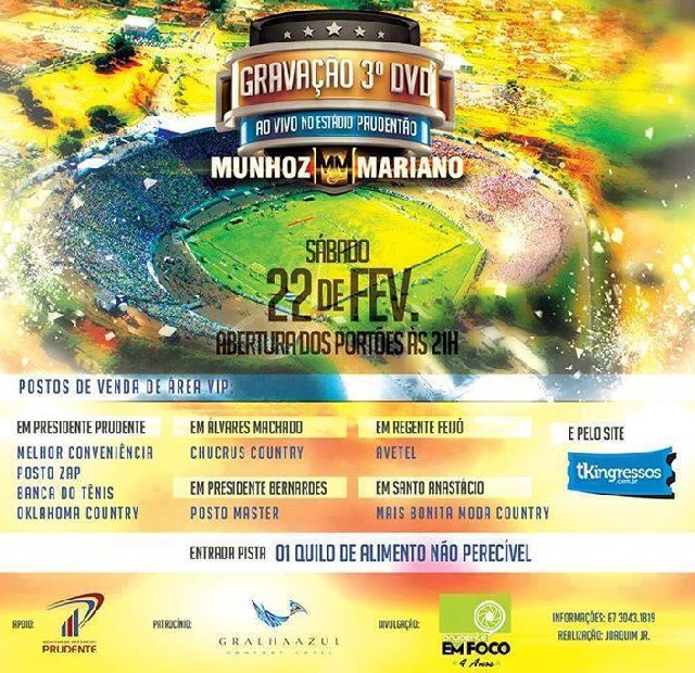 Gravação do terceiro DVD da dupla Munhoz e Mariano será dia 22 no Prudentão