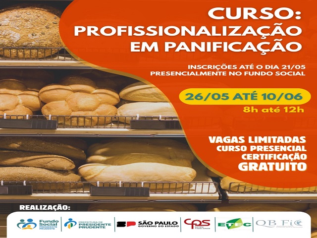 Fundo Social oferece 21 vagas para curso gratuito de profissionalização em panificação